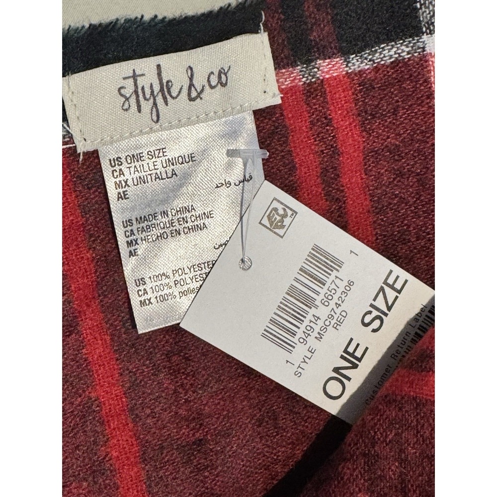 Style & Co Plaid Fringe-Trim Rectangle Scarf Women's One Size Red 68"x15" - Picture 3 of 3